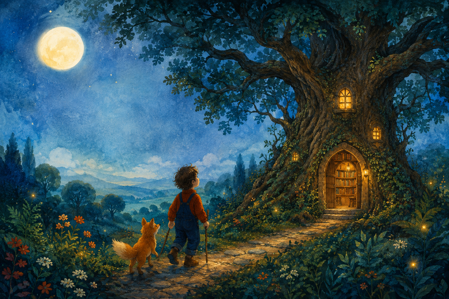 Rowan and a golden fox approach a warmly lit library in an ancient tree.