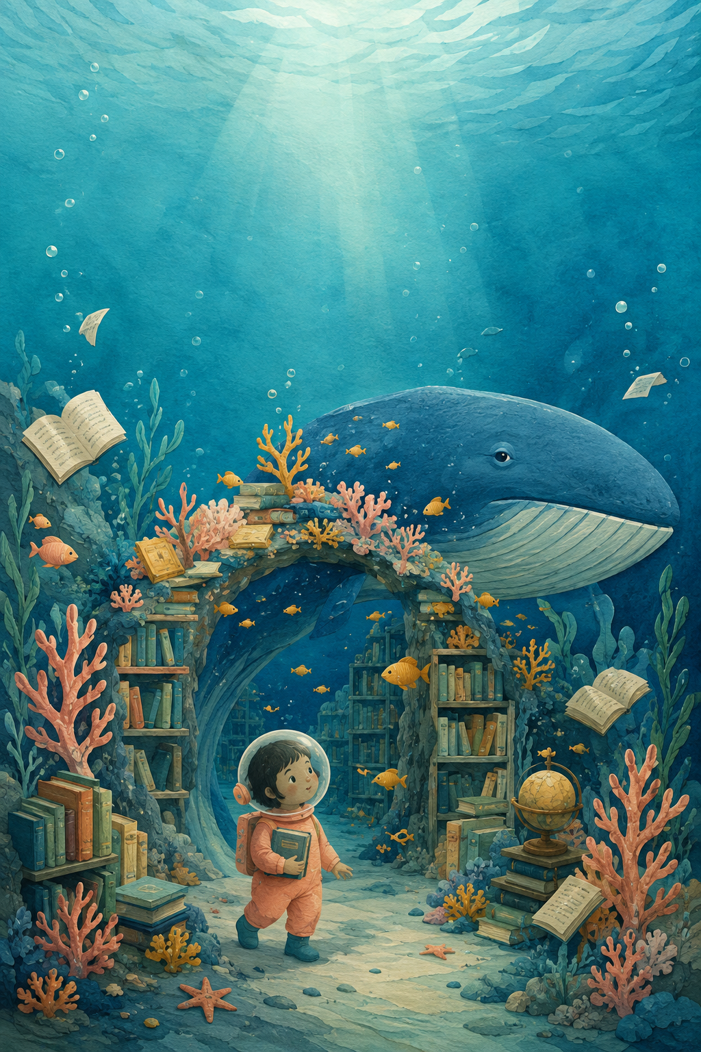 Niko visits the underwater library beside a friendly whale.