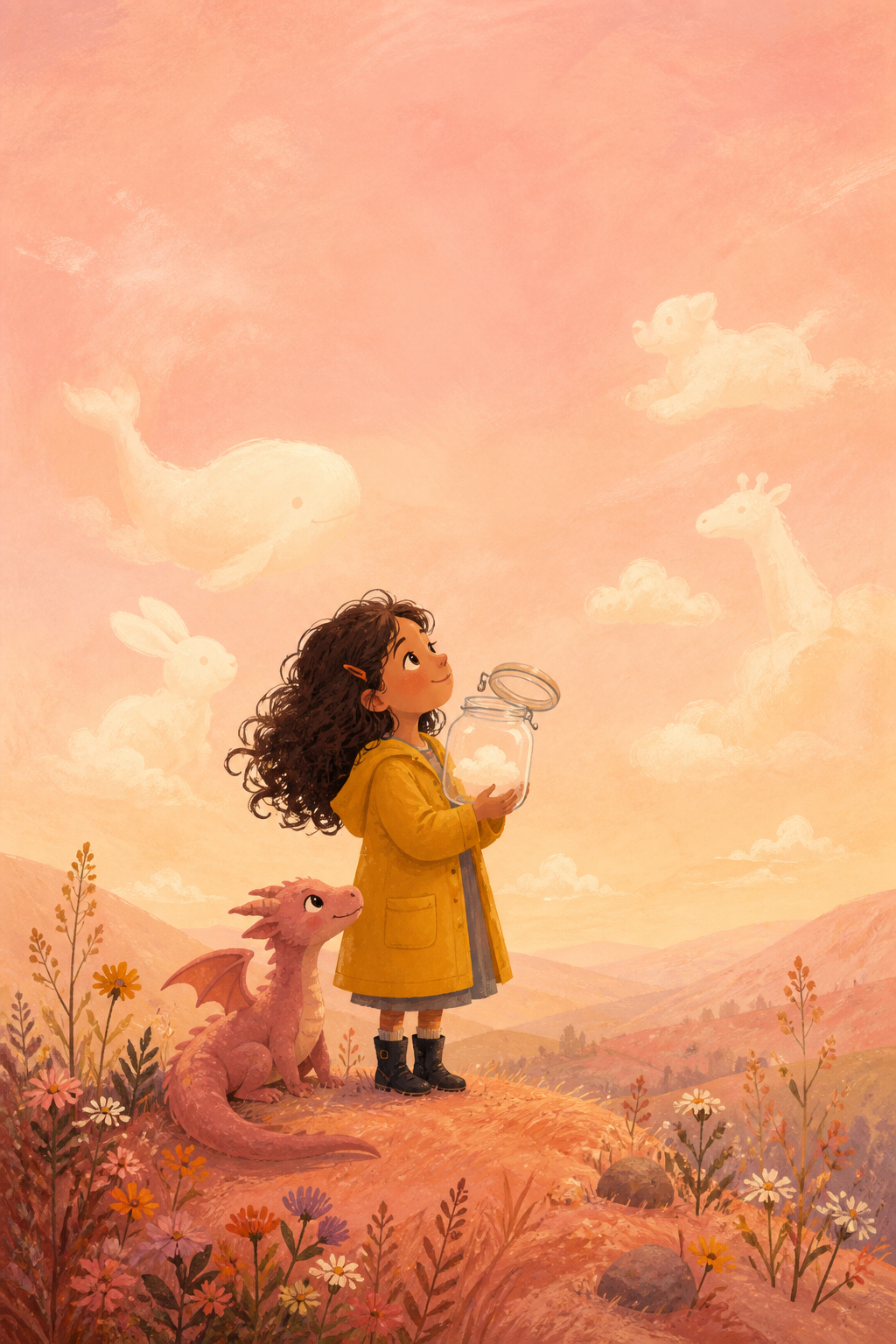 Mina and a tiny dragon beneath a sky of clouds.